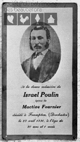 Carte mortuaire d’Israël Poulin, époux de Mactive Fournier, décédé à 80 ans et 1 mois