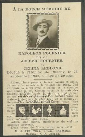 Carte mortuaire de Napoléon Fournier, fils de Joseph Fournier et Célina Leblond, décédé le 23 septembre 1932