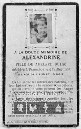 Carte mortuaire d’Alexandrine Dulac, fille d’Adélard Dulac, décédé à 8 ans et 10 mois